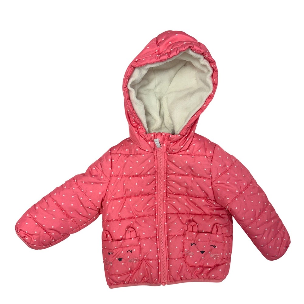 Carters Toddler Girls Pink Polka Dot Puffer Jacket Hooded Cat Pockets 2T